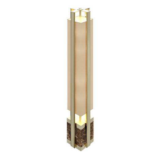The Modern Marble Floor Lamp boasts a sleek, tall, and rectangular design. It features vertical gold-toned metal frames, a central frosted glass panel, and a marble base, creating an overall elegant appearance.