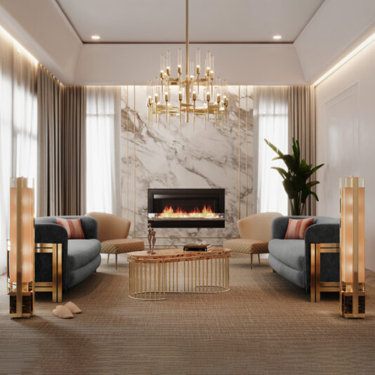 A luxurious living room showcases a modern fireplace integrated into a marbled wall, flanked by flowing curtains. Two plush grey sofas and gold-framed chairs encircle a light wooden coffee table. A golden chandelier is suspended from the ceiling, while the Modern Marble Floor Lamp and a large plant add touches of elegance and greenery.