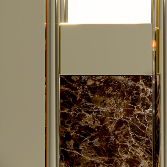 A close-up view of an elegant elevator door featuring a sleek design with a polished marble panel at the bottom and a smooth, reflective metallic surface at the top. The interior is softly illuminated, casting a warm glow that highlights the modern aesthetics reminiscent of our Modern Marble Floor Lamp.