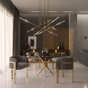 Modern Round Glass Dining Set A contemporary dining room featuring the Modern Round Glass Dining Set, complemented by four chic upholstered chairs with metal frames. An intricate geometric chandelier hangs elegantly above the table, while the room showcases large windows adorned with sheer curtains, stylish decor, and sleek wall paneling.