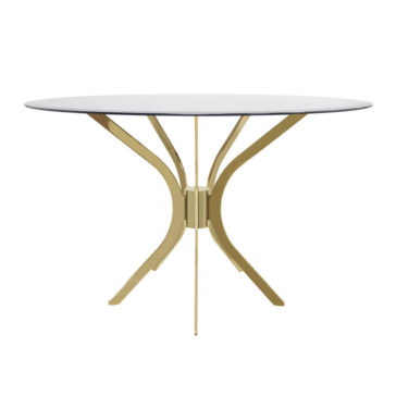 Modern Round Glass Dining Set A modern round glass dining set with a sleek white tabletop and a polished brass base featuring four curved legs that converge in the center. This minimalistic and elegant furniture piece is perfect for contemporary interior decor.