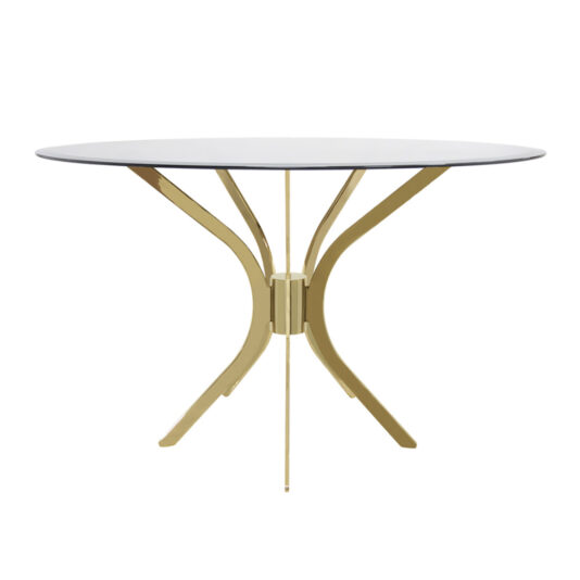 A modern round glass dining set with a sleek white tabletop and a polished brass base featuring four curved legs that converge in the center. This minimalistic and elegant furniture piece is perfect for contemporary interior decor.