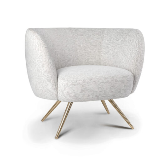 The Modern Tub Armchair is upholstered in white textured fabric and features a curved backrest and seat supported by four angled gold metal legs. This design offers a sophisticated, contemporary look with an elegant and comfortable style, ideal for any modern living space.