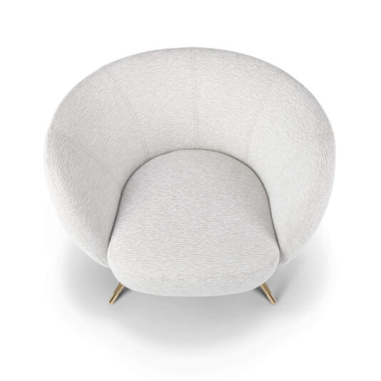 An overhead view of the Modern Tub Armchair highlights its plush white upholstery, rounded backrest, and angled gold-colored legs, all set against a pristine white background.