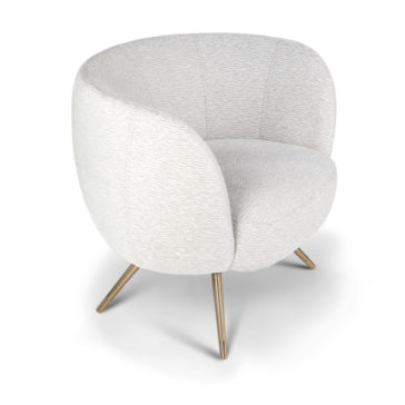 The Modern Tub Armchair features a rounded back and seat, upholstered in a subtle, textured white fabric. It stands on four slender, angled legs with a gold-colored metal finish, effortlessly combining comfort and contemporary style.