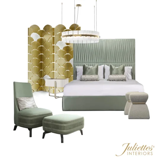 A stylish bedroom reminiscent of the grandest rooms of Queen Elizabeth features a green upholstered bed with white and green bedding, flanked by modern nightstands. Decorative pillows adorn the bed. A green chair with a matching ottoman, a two-tier chandelier, gold room divider, and plush stools complete the decor. “Juliettes Interiors” logo is at the bottom right.