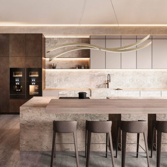 Contemporary Linear Chandelier Modern kitchen with stone countertops, integrated appliances, and wooden cabinets. The Contemporary Linear Chandelier lights up the room, complementing the sleek minimalist fixture. Four bar stools are set at the island, which features a neutral brown and beige color scheme.