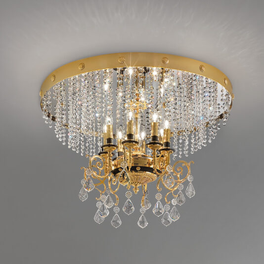 The Classic Ceiling Light With Crystal Pendants is a luxurious gold chandelier featuring five candle-shaped lights adorned with dangling crystal beads and prisms. Attached to a large gold ceiling mount, additional crystals hang from the fixture, creating a sparkling effect.