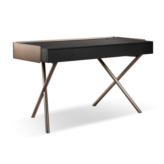 The Contemporary Designer Desk presents a sleek rectangular design in modern black, supported by crossed metallic legs with a bronze finish. It includes a single large drawer, and its minimalist style gives it an elegant and chic appearance.