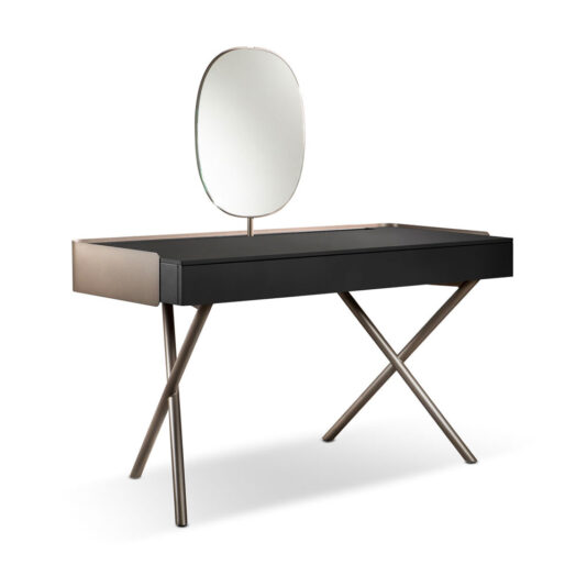 The Contemporary Dressing Table is a sleek, modern black vanity desk with a thin, oval mirror. Its minimalist design features angled metal legs that form a double-X shape for sturdy support. The mirror is perfectly centered above the desk, creating an elegant and contemporary look.