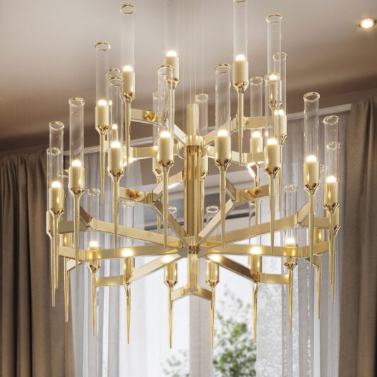 The Contemporary Glass Flute Chandelier showcases multiple tiers of gold metal branches adorned with slender, cylindrical glass encasements that house warm-lit bulbs. It is gracefully suspended in front of a large window with beige curtains, allowing natural light to filter in.