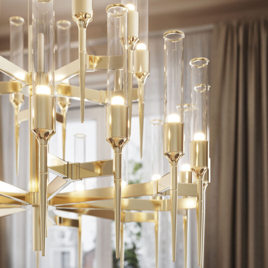 Contemporary Glass Flute Chandelier Close-up of the Contemporary Glass Flute Chandelier, showcasing its multiple golden arms and cylindrical light fixtures. The design features sleek, pointed accents and is prominently set against a window with sheer curtains in the background.