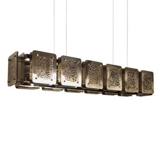 Contemporary Rectangular Chandelier The Contemporary Rectangular Chandelier comprises a series of connected, vertically-aligned, bronze-colored metal panels. Each panel showcases an intricate perforated design that mimics organic patterns. The chandelier is suspended by thin adjustable rods.