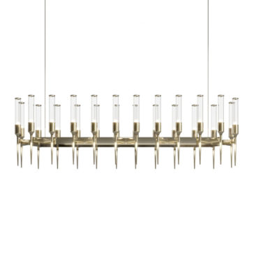 The Contemporary Snooker Glass Flute Chandelier is a modern, rectangular fixture with a brass finish and multiple candle-like light sources. Each light source features a clear glass cylinder reminiscent of a glass flute, mounted on an elegant, pointed holder to form a symmetrical and sophisticated design. The chandelier is suspended by two thin cables.