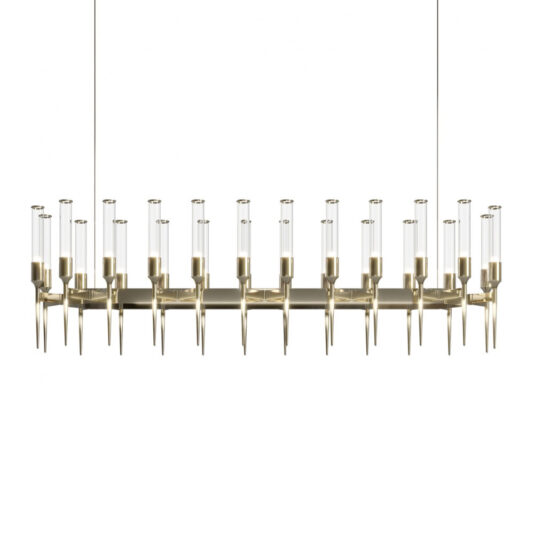 The Contemporary Snooker Glass Flute Chandelier is a modern, rectangular fixture with a brass finish and multiple candle-like light sources. Each light source features a clear glass cylinder reminiscent of a glass flute, mounted on an elegant, pointed holder to form a symmetrical and sophisticated design. The chandelier is suspended by two thin cables.