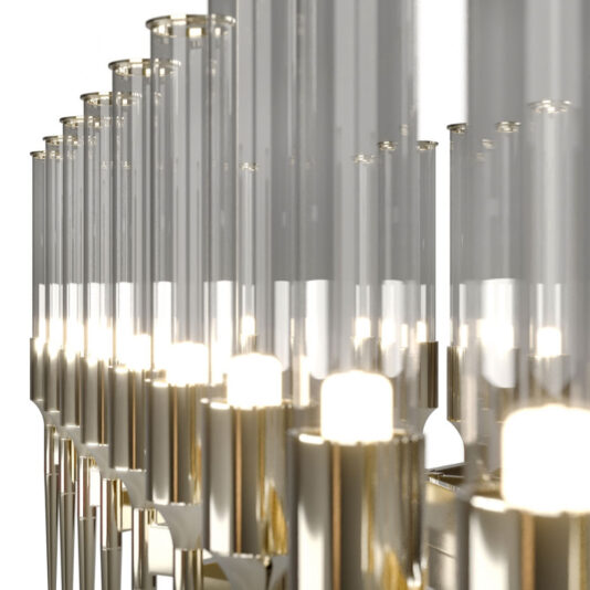 A close-up view of the Contemporary Snooker Glass Flute Chandelier showcases its modern cylindrical glass light fixtures with gold-colored bases. Arranged in rows, these fixtures create a sleek design and emit a soft, warm light.