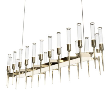 The Contemporary Snooker Glass Flute Chandelier features a sleek rectangular frame in polished gold, showcasing multiple vertical, cylindrical glass flute shades arranged in two rows. Each shade has a conical gold base, combining luxury and modern sophistication.