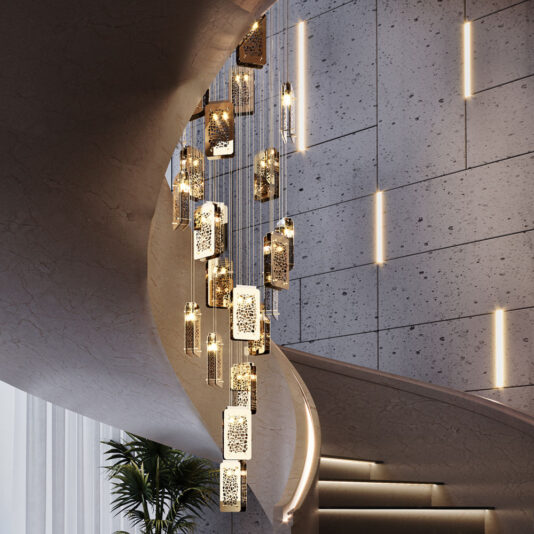 A contemporary spiral staircase with sleek marble steps and a curved, smooth balustrade. The Contemporary Stairwell Chandelier, featuring multiple rectangular pendant lights that emit a warm glow, hangs in the center, enhancing the sophisticated ambiance of this stylish stairwell. Vertical wall lights add to its elegance.