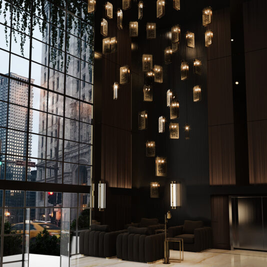 A modern, luxurious hotel lobby with high ceilings, dark walls, and a large glass window showcasing a cityscape. Clustered Contemporary Stairwell Chandeliers hang from the ceiling, casting a warm glow over dark sofas and a marble floor. A contemporary stairwell adds to the sophistication as the city street outside is visible.