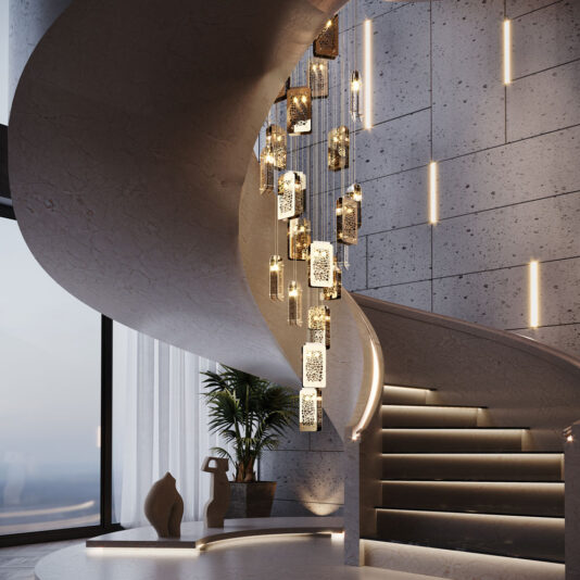 A contemporary stairwell features a modern spiral staircase with illuminated steps winding upward against a textured wall. The Contemporary Stairwell Chandelier, with multiple intricately designed pendant lights, hangs elegantly from the ceiling. The space is further enhanced by a large window, a potted plant, and abstract sculptures.
