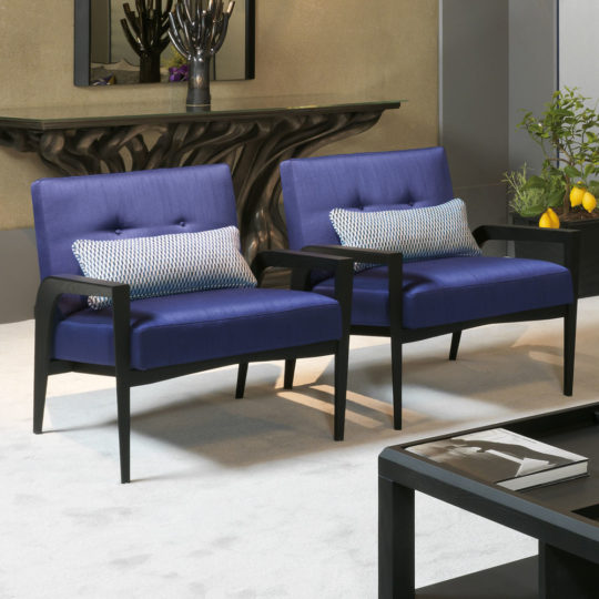 Two Elegant Occasional Armchairs with blue cushions and black wooden frames are placed side by side on a light-colored carpet. Each chair has a patterned rectangular pillow. Behind them, a unique console table with a tree-like base is topped with various decorative items.