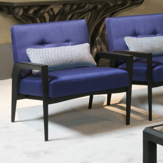 Elegant Occasional Armchair Two Elegant Occasional Armchairs, featuring modern design and dark blue upholstery with tufted backs and black wooden frames, are arranged side by side on a light grey carpet. Each chair is complemented by a white and blue patterned rectangular pillow, enhancing both comfort and style.