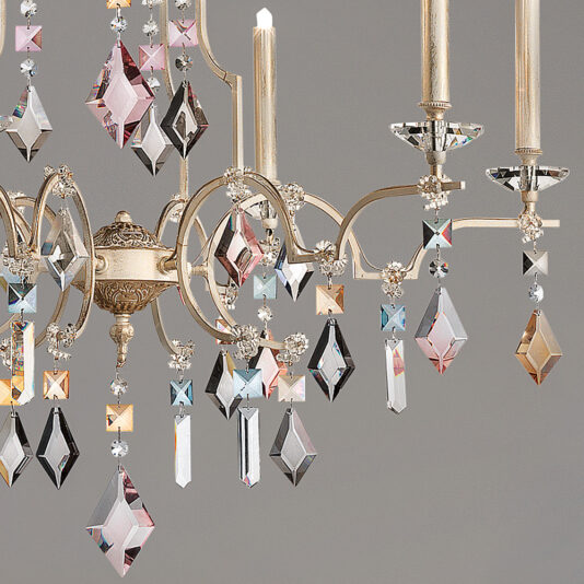 High End Crystal Pendant Chandelier The High End Crystal Pendant Chandelier features elegant, ornate, gold-toned metalwork, adorned with a variety of crystal prisms in different shapes and colors. Its candle-style light fixtures enhance its luxurious and sophisticated appearance against a neutral background.