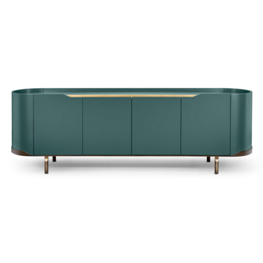 Large Modern Curved Buffet Sideboard The Large Modern Curved Buffet Sideboard is a minimalist piece in dark teal, featuring sleek, smooth curved edges and subtle gold accents. It stands on short, sturdy legs and boasts an elegant design perfect for contemporary interiors.