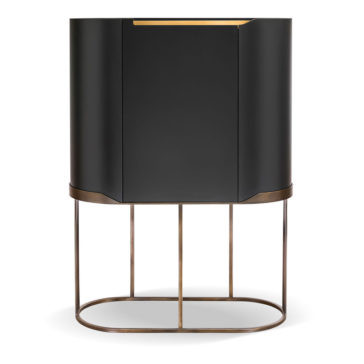 The Large Modern Curved Cabinet is a sleek, black piece with a rounded top, mounted on a bronze minimalist metal frame featuring four thin legs and a connected base. It boasts smooth, unadorned surfaces and a concealed handle at the top edge for an elegant finish.