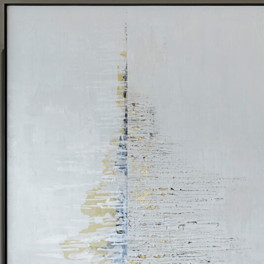 The Luxury Abstract Artwork features a central vertical line that blends muted tones of white, gray, and light yellow. This line appears textured with horizontal brush strokes extending from the center towards the edges, creating a dynamic sense of depth and movement against a light background.