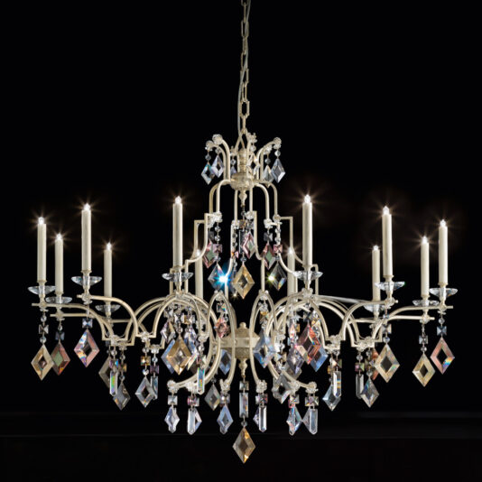 Luxury Crystal Pendant Chandelier Behold the grand Luxury Crystal Pendant Chandelier, an ornate piece with multiple arms, each elegantly holding a gleaming candle. This chandelier is adorned with intricate crystal pendants and prisms, casting a mesmerizing sparkle against a black background. The overall design exudes elegance and classic charm.