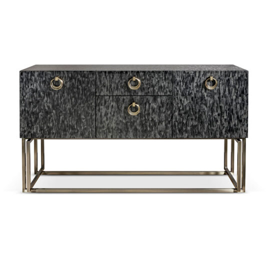 The Luxury Modern Sideboard boasts a sophisticated dark, textured finish and is adorned with sleek metal ring pulls on both its drawers and cabinet doors. Designed with a minimalist aesthetic, it features a rectangular top paired with a geometric, open-frame metal base. This sideboard is complete with two cabinet doors and two central drawers for ample storage.