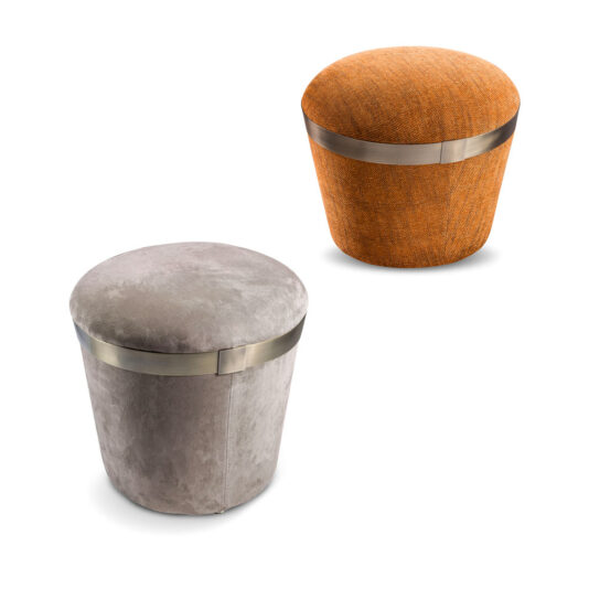 Luxury Round Pouffe Explore sophistication with our Luxury Round Pouffe collection, featuring two modern cylindrical designs. One pouffe is adorned with a grey fabric covering, while the other is upholstered in an orange textured fabric. Both pieces are accented by metallic bands around their midsections and boast a round, slightly convex top for added comfort.