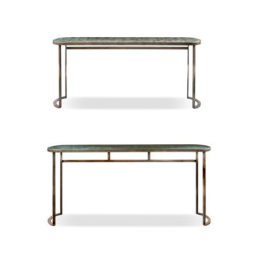 Modern Console Table Set Two views of the Modern Console Table Set featuring a green marble top and slim, curved bronze legs. The top view emphasizes its sleek design, while the bottom view highlights the set's minimalist frame and subtle support structure.