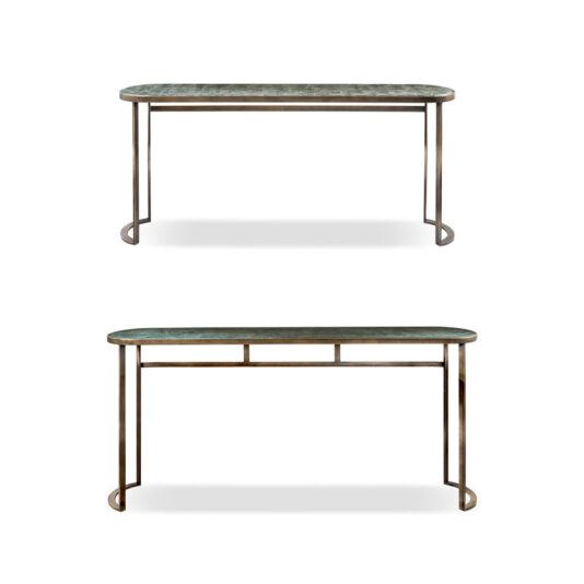 Modern Console Table Set Two views of the Modern Console Table Set featuring a green marble top and slim, curved bronze legs. The top view emphasizes its sleek design, while the bottom view highlights the set's minimalist frame and subtle support structure.