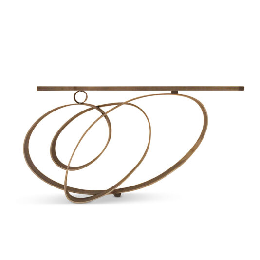 The Modern Luxury Swirl Console is a sophisticated work of art, crafted from metal with a stunning bronze finish. Its design boasts an elongated horizontal bar atop several intertwined circular loops, creating a dynamic and fluid aesthetic. This elegant piece is ideal for adding an artistic touch to any setting.