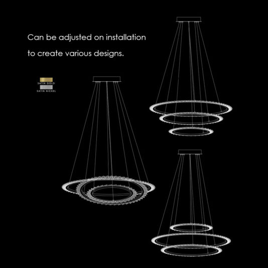 Modern Quartz Crystal Hoop Chandelier Against a black background, three illustrations show the Modern Quartz Crystal Hoop Chandelier suspended by cables in various arrangements. The text reads,