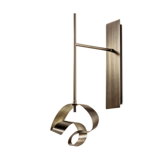 The Modern Twisted Bronze Wall Light showcases a brushed metal rectangular backplate paired with a sleek vertical rod. Its primary design element is an elegant, abstract ribbon-like loop that curves gracefully outward, adding a touch of sophistication.