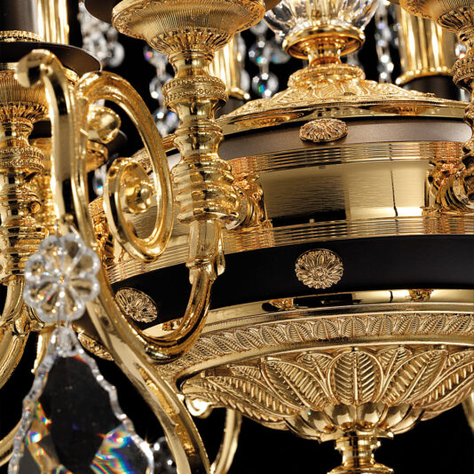 Close-up of the Opulent Crystal Pendant Chandelier, showcasing intricate designs and clear, hanging crystal decorations. This chandelier exhibits detailed craftsmanship with floral patterns and a polished finish, capturing the elegance and luxury of classical decor.