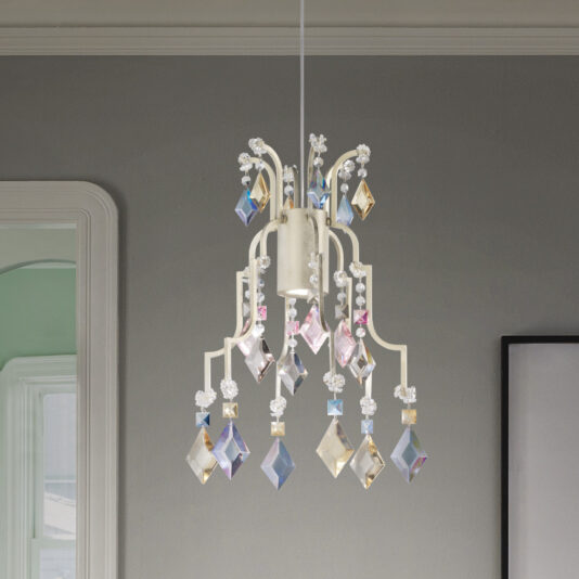 Traditional Crystal Pendant Chandelier The Traditional Crystal Pendant Chandelier, a small and elegant piece with a cream-colored frame, hangs from the ceiling. It showcases geometric crystal pendants in a variety of colors including clear, pink, blue, and amber. The gray wall in the background enhances the chandelier’s intricate and decorative design.