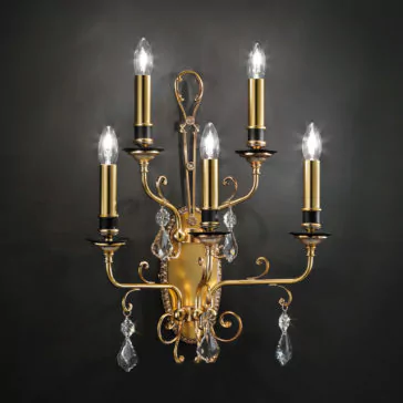 The Traditional Crystal Pendant Wall Light is a lavish gold wall sconce featuring five candle-style lights with clear, flame-shaped bulbs. The intricately designed fixture is adorned with dangling crystal ornaments and elegant curves, embodying the charm of a classic design set against a dark background.