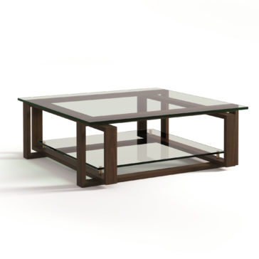 The Contemporary Glass Top Coffee Table showcases a modern square design, highlighted by a glass top and an additional lower glass shelf. Its sleek, clean appearance is bolstered by a dark wooden frame characterized by geometric lines, making it an ideal piece for a minimalist living room ambiance.