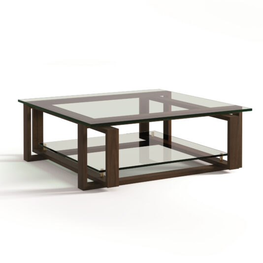 Contemporary Glass Top Coffee Table The Contemporary Glass Top Coffee Table showcases a modern square design, highlighted by a glass top and an additional lower glass shelf. Its sleek, clean appearance is bolstered by a dark wooden frame characterized by geometric lines, making it an ideal piece for a minimalist living room ambiance.