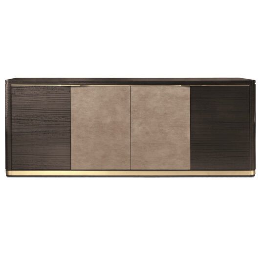 The Modern Leather Front Sideboard features a sleek design with a dark brown wooden frame and two central beige textured doors. Its minimalistic appearance is accentuated by a thin gold accent at the bottom, offering an elegant and contemporary look.
