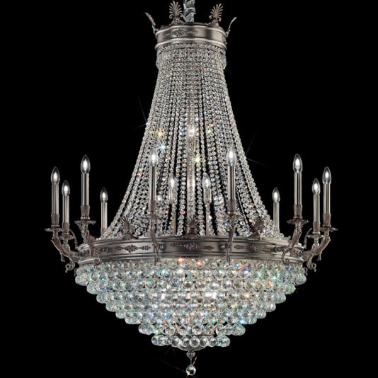 The Antiqued Chrome Crystal Empire Chandelier boasts multiple tiers of dazzling hanging crystals and an intricately designed antiqued chrome frame. The chandelier's numerous candle-like light fixtures enhance its luxurious and elegant appearance.