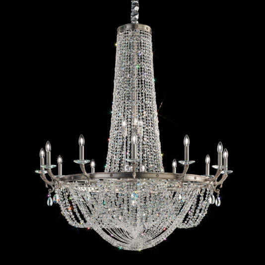 The Classic Antiqued Chrome Crystal Chandelier features an elegant design with a conical top and wide circular base. It is adorned with numerous sparkling crystal beads and ten candle-style light fixtures, suspended from its polished metal finish, creating a stunning display as the crystals glisten against the black background.