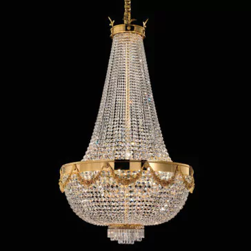 A luxurious Classic Crystal Drop Empire Chandelier with a cascading design hangs from the ceiling. It features multiple strands of sparkling crystals that form a conical shape, adorned with a gold-colored frame and intricate detailing, against a black background.