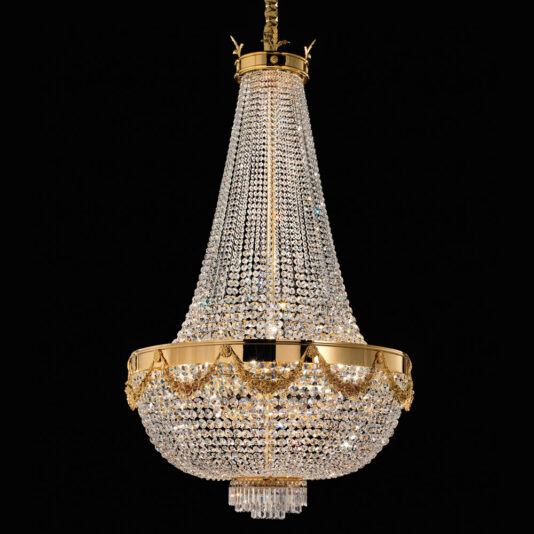 A luxurious Classic Crystal Drop Empire Chandelier with a cascading design hangs from the ceiling. It features multiple strands of sparkling crystals that form a conical shape, adorned with a gold-colored frame and intricate detailing, against a black background.