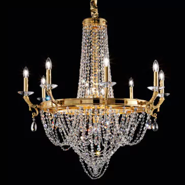 Classic Crystal Drop Chandelier The Classic Crystal Drop Chandelier is a luxurious lighting fixture adorned with gold accents. Its multiple arms hold candle-shaped bulbs, and its design features numerous strands of hanging crystals that capture and reflect light beautifully, creating a sparkling effect against a black background.