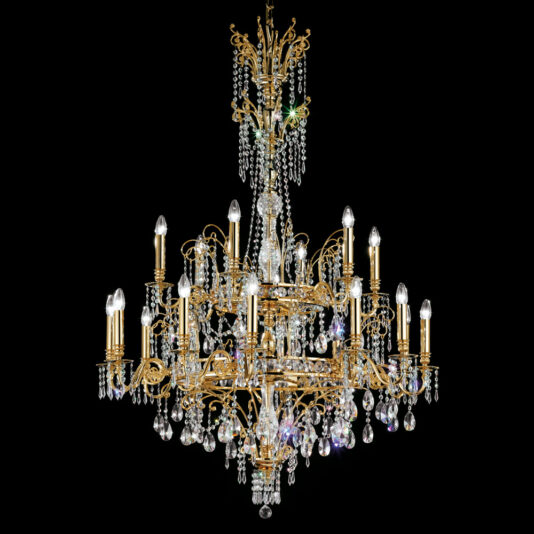 The Classic Gold Plated Crystal Pendant Chandelier is an elaborate fixture with multiple tiers of candle-like bulbs and hanging crystal ornaments set against a black background. Its intricate design features ornate scrollwork and dangling teardrop crystals, creating a luxurious and elegant appearance.